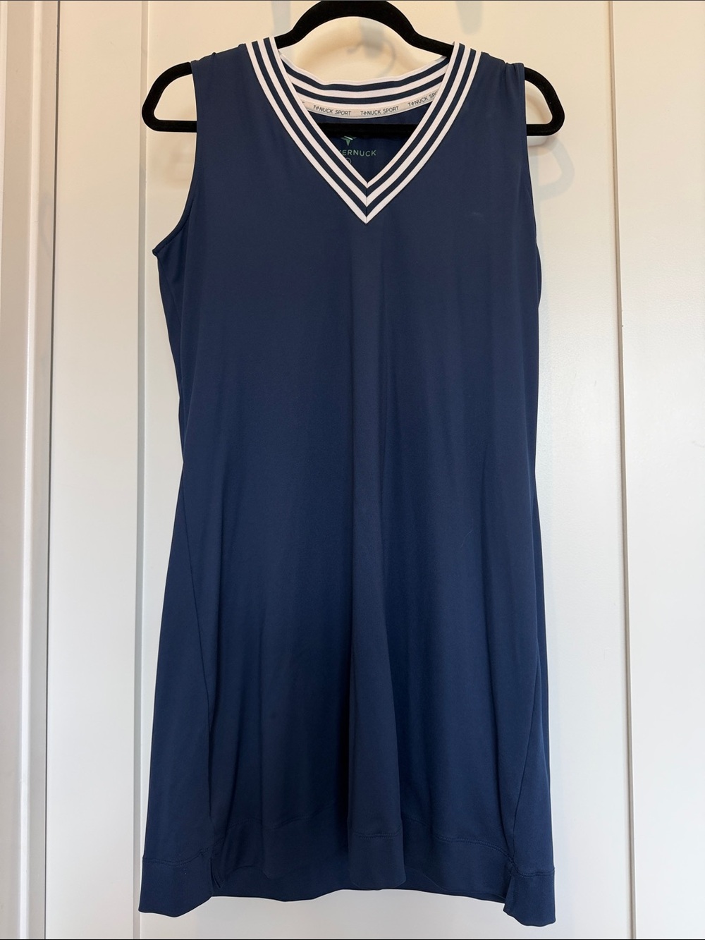 Tuckernuck Girls Navy Sleeveless V-Neck Dress with White Stripe Trim